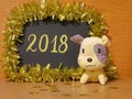 Happy 2018 New Year card - Yellow dog Stock Photos Royalty Free Stock Photo