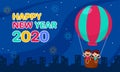 Happy New Year 2020 cartoon celebration poster design. couple of kids character at cityscape with night sky background and Royalty Free Stock Photo