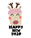 happy new year. cartoon deer, hand drawing lettering. holiday theme. Colorful vector illustration, flat style. Royalty Free Stock Photo