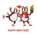 Happy New Year 2018 dogs cartoon in Santa hat and Christmas tree vector greeting card icon Royalty Free Stock Photo