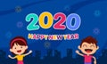 Happy New Year 2020 cartoon for kids celebration poster design. couple of children character at cityscape with night sky Royalty Free Stock Photo