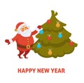 Happy New Year cartoon Santa decorating Christmas tree vector greeting card icon