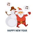 Happy New Year cartoon Santa and snowman singing Christmas song vector greeting card icon