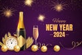 Happy New Year 2024 celebration background with champagne bottle, clock and fireworks. Royalty Free Stock Photo