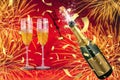 Happy New Year, celebration background with two glasses and uncorked champagne bottle splashing