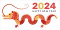 Happy New 2024 Year celebration card, graphic postcard with colorful flat dragon