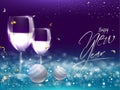 Happy New Year Celebration Concept with Realistic Wine Glasses and Baubles on Purple and Blue Background Royalty Free Stock Photo
