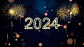 Happy new year 2024 celebration concept. Slow motion bokeh particle confetti and sparkling fireworks on a dark background