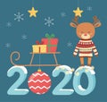 Happy new year 2020 celebration cute deer with sweater sled gifts ball star