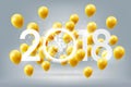 Happy New Year 2018 celebration with golden balloons and white light abstract clock on white background, vector illustration Royalty Free Stock Photo