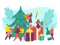 Happy new year celebration with holiday gift concept, vector illustration. Cartoon christmas tree and flat people Royalty Free Stock Photo