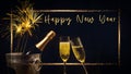 HAPPY NEW YEAR 2024 celebration holiday greeting card background with text - Golden frame, Cchampagne or sparkling wine bottles, Royalty Free Stock Photo