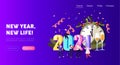 2021 Happy New Year Celebration Landing Page Template. Tiny Characters Have Fun, Drink Champagne at Huge Chiming Clock