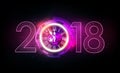 Happy New Year 2018 celebration with pink light abstract clock on futuristic technology background, countdown concept, vector Royalty Free Stock Photo