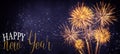 HAPPY NEW YEAR 2023 - Celebration New Year`s Eve, Silvester 2023 holiday background panorama greeting card - Goldeen firework