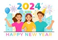 Happy New Year 2024 Celebration Vector Illustration with Trumpet, Fireworks, Ribbons and Confetti in Holiday National Flat Cartoon