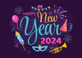 Happy New Year 2024 Celebration Vector Illustration with Trumpet, Fireworks, Ribbons and Confetti in Holiday National Flat Cartoon