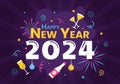 Happy New Year 2024 Celebration Vector Illustration with Trumpet, Fireworks, Ribbons and Confetti in Holiday National Flat Cartoon