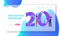 Happy New Year Celebration Website Landing Page. 2020 Greeting Card Concept. Man and Woman Set Up Huge Number 20 Royalty Free Stock Photo