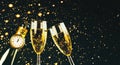 Happy New Year. Champagne bottle with two glasses,sparkling Glitter with copy space. New Years Eve celebration concept background Royalty Free Stock Photo