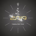 Happy New Year 2019 champagne firework clock gold shining numbers black background Royalty Free Stock Photo