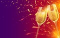 Happy new year with champagne glasses. Festive xmas banner with two wineglasses with sparkling wine and shining gold confetti