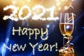 happy New Year 2021 champagne glasses on fireworks background Royalty Free Stock Photo