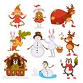 Happy New Year characters resting at beach, Santa Claus and rabbit vector. Royalty Free Stock Photo