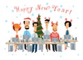 Happy New Year. Cheerful colleagues in the office work and celebrate