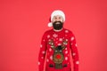 Happy new year. cheerful hipster funny knitted sweater. warm clothes in cold winter weather. holiday season mood Royalty Free Stock Photo
