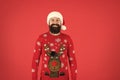 Happy new year. cheerful hipster funny knitted sweater. warm clothes in cold winter weather. holiday season mood Royalty Free Stock Photo