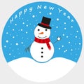 Happy New Year. Cheerful snowman. Happy New Year greetings. Christmas, New Year illustration. Snowfall. The idea of a postcard is