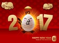 2017 Happy New Year with chicken egg red picture, cute rooster with gold cloud elements, Chinese design style, with Royalty Free Stock Photo