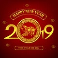 Happy new year 2019 chinese art style pig 001 Royalty Free Stock Photo