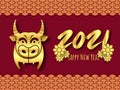 2021 Happy New year. Chinese new yeat.Year of the ox . golden ox on red background. vector illustration