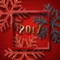 Happy New Year 2017. Christmas background red, with beautiful bright snowflakes realistic shine glitter. Royalty Free Stock Photo