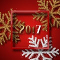Happy New Year 2017. Christmas background red, with beautiful bright snowflakes realistic shine glitter. Royalty Free Stock Photo