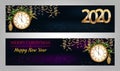 Happy New Year 2020 and Christmas backgrounds with clock, Christmas tree decorations, holly berries, golden snowflakes and ribbons