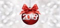 Happy new year christmas ball with red ribbon bow and 2018 text Royalty Free Stock Photo