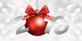 Happy new year christmas ball with red ribbon bow and 2018 text Royalty Free Stock Photo