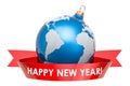 Happy New Year with Christmas ball shaped as Earth Globe with te