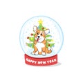 Happy New Year. Christmas ball with welsh corgi, snowflakes and tree.