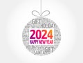 Happy New Year 2024, Christmas ball word cloud, holidays lettering collage