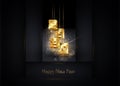 2020 Happy New Year and Christmas banner with hanging gold shiny 3d numbers 2020, golden vector isolated on luxury black geometric