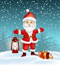 Happy New Year and Christmas card with Santa Claus and gift and antique lamp