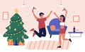 Happy New Year and Christmas celebration, cartoon flat friends or couple dancing at home party Royalty Free Stock Photo