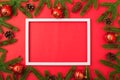 Happy new year or christmas day top view flat lay fir tree branches and decoration photo fram