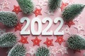 2022 Happy New Year and Christmas decoration on pink  background Royalty Free Stock Photo