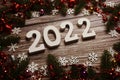 2022 Happy New Year and Christmas decoration on wooden background Royalty Free Stock Photo