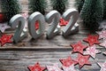 2022 Happy New Year and Christmas decoration on wooden  background Royalty Free Stock Photo